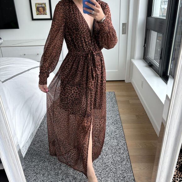 Asos Design Long Sleeve Deep V-Neck Leopard Maxi Dress with Belt Brown Size 6 - Picture 2 of 8